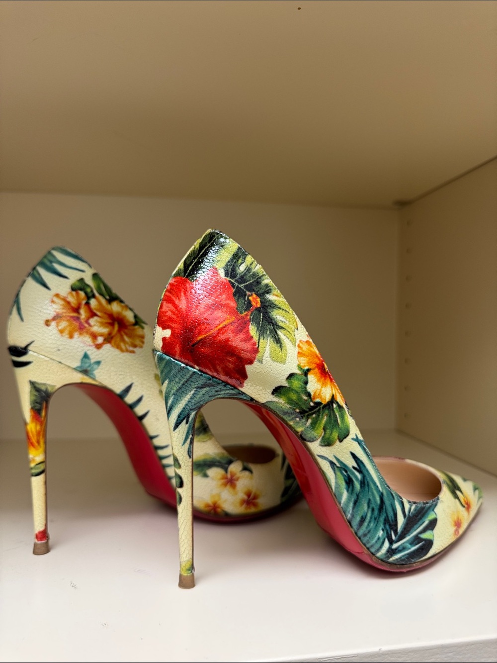 Christian Louboutin Tropical Floral Pointed Toe Pumps in Cream and Green - Picture 3 of 5